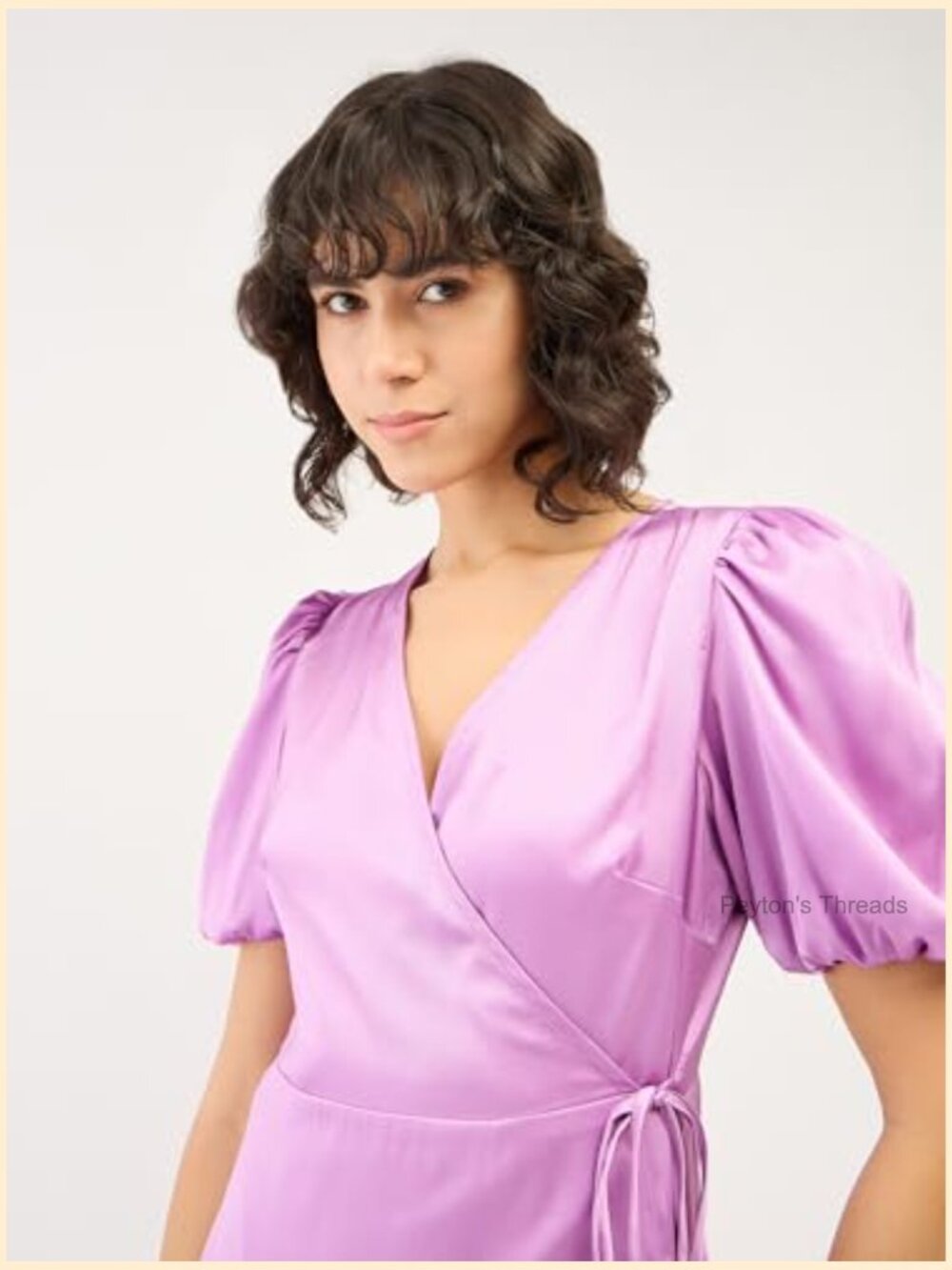 Midi Length Wrap Dress – Satin V-Neck Fit & Flare Balloon Sleeves - Picture 2 of 7